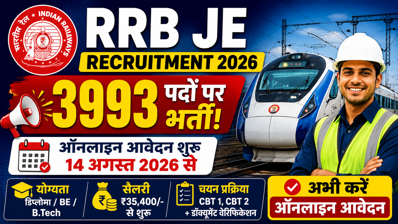 RRB Junior Engineer Vacancy 2026: जूनियर इंजीनियर के 3993 पदों पर निकली भर्ती, ऐसे करें आवेदन