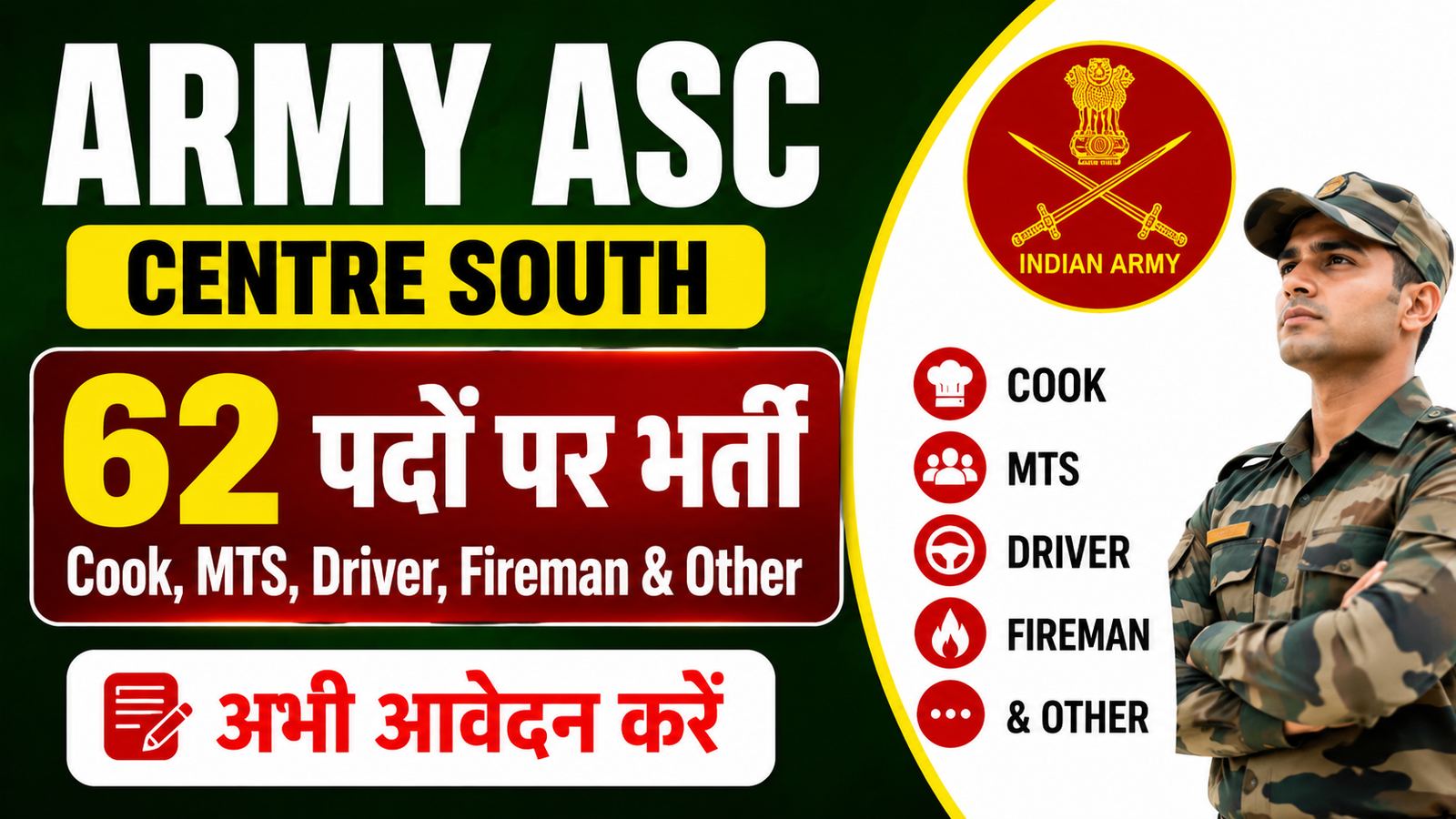 Army ASC Centre South Bharti 2026: 62 पदों पर भर्ती, Cook, MTS, Driver सहित अन्य पदों पर मौका