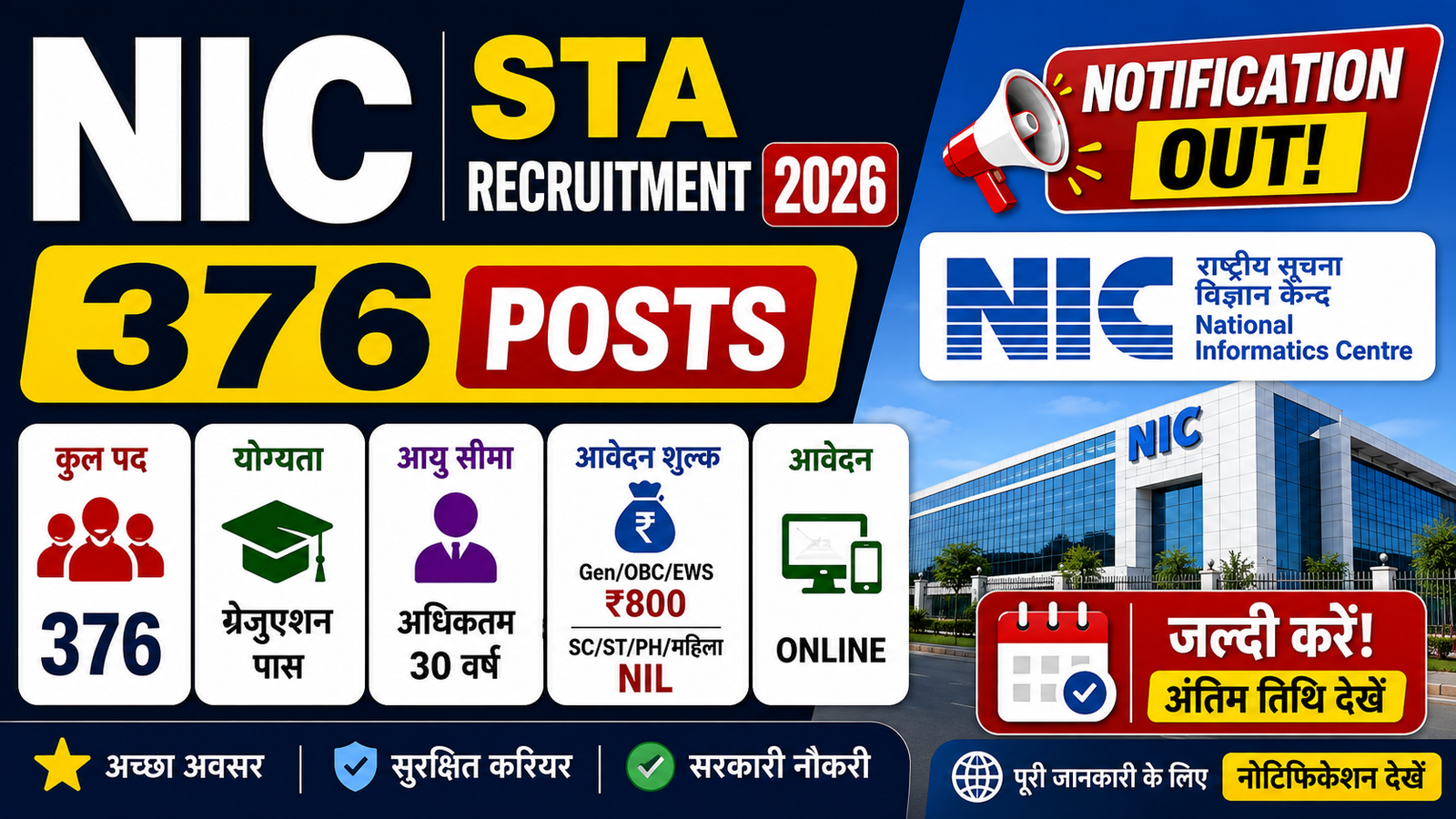 NIC STA Vacancy 2026: 376 पदों पर सरकारी नौकरी का मौका, ऐसे करें आवेदन