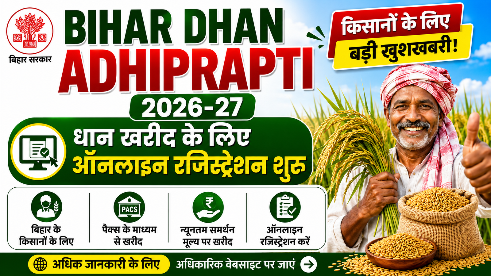 Bihar Dhan Adhiprapti 2026-27: किसानों के लिए धान बेचने का मौका, ऑनलाइन आवेदन शुरू