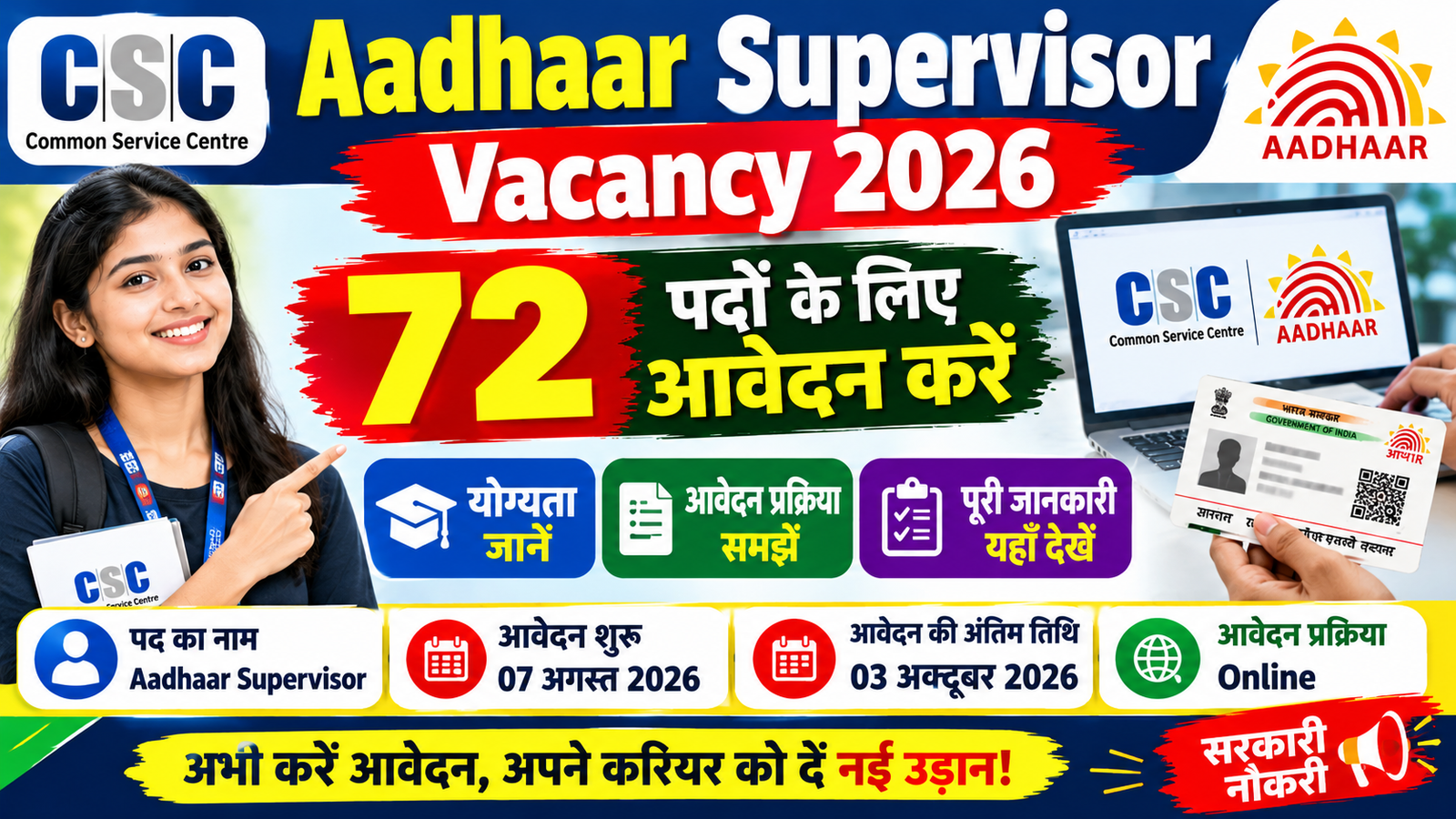 CSC Aadhaar Supervisor Vacancy 2026: 72 पदों के लिए आवेदन करें, योग्यता जानें आवेदन प्रक्रिया और पूरी जानकारी