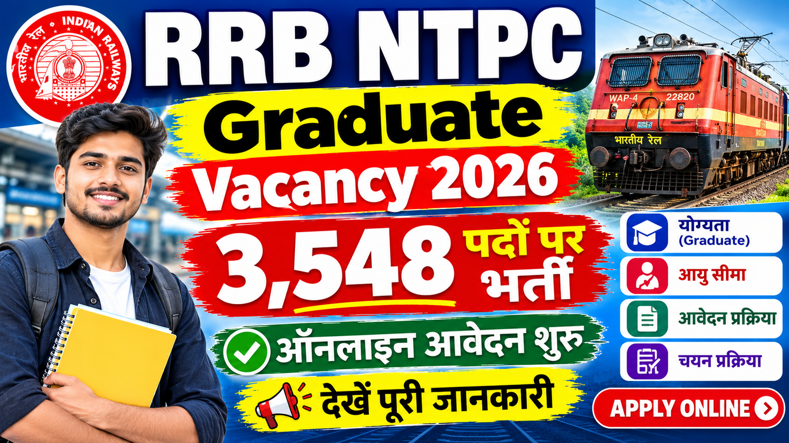 RRB NTPC Graduate Vacancy 2026: 3,548 पदों पर भर्ती, ऑनलाइन आवेदन शुरू, देखें पूरी जानकारी