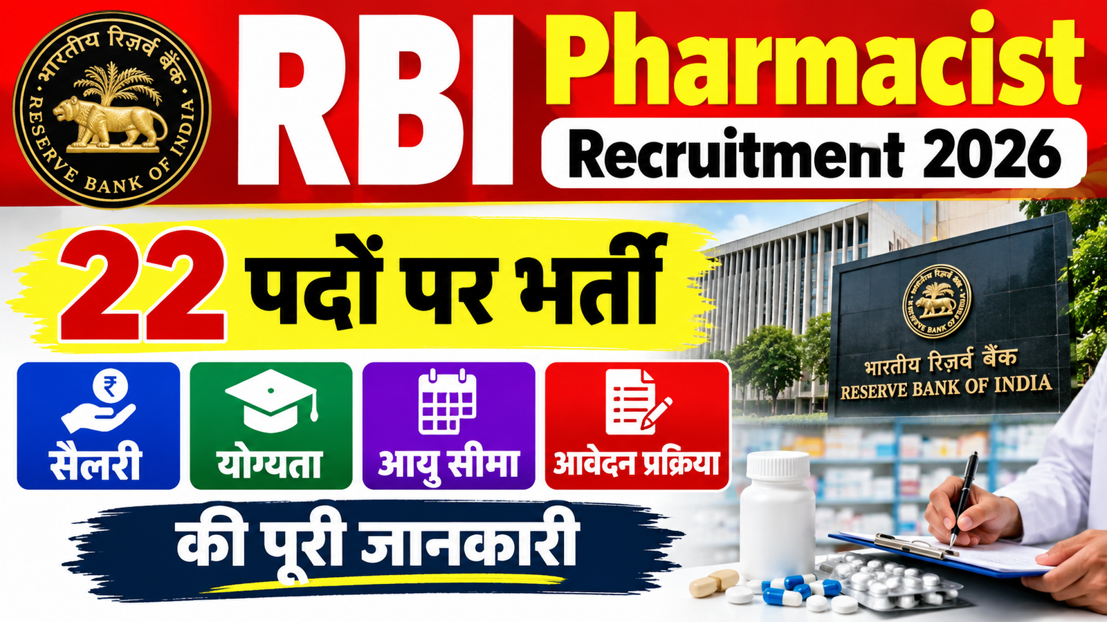 RBI Pharmacist Recruitment 2026: 22 पदों पर भर्ती, सैलरी, योग्यता, आयु सीमा और आवेदन प्रक्रिया की पूरी जानकारी