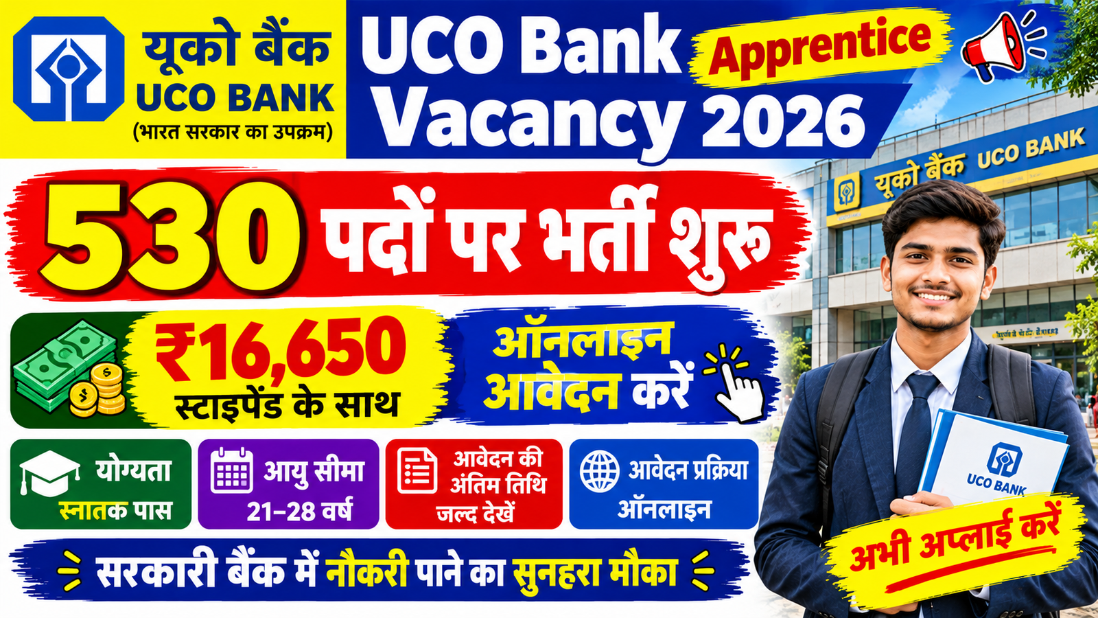 UCO Bank Apprentice Vacancy 2026: 530 पदों पर भर्ती शुरू, ₹16,650 स्टाइपेंड के साथ ऑनलाइन आवेदन करें